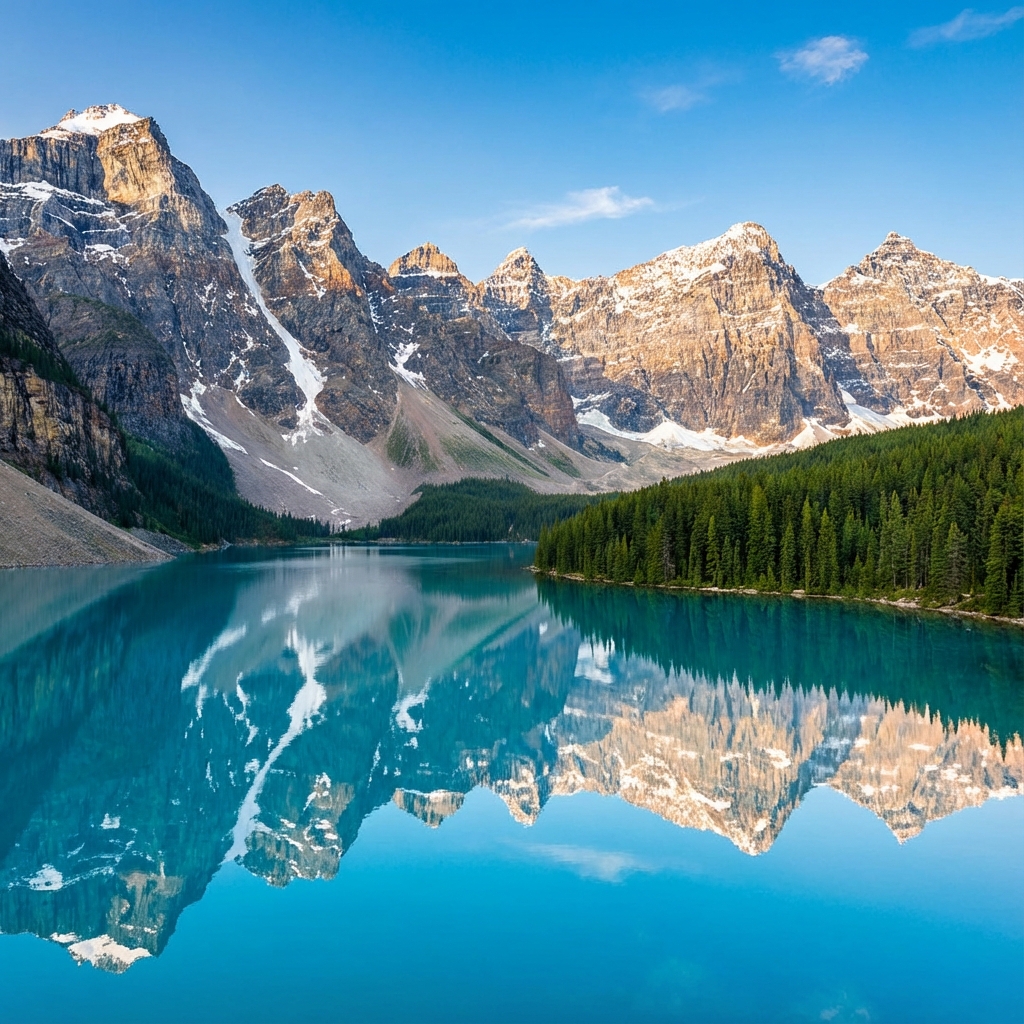 A breathtaking scenic mountain landscape with snow-capped peaks, a crystal clear lake in the foreground reflecting the mountains